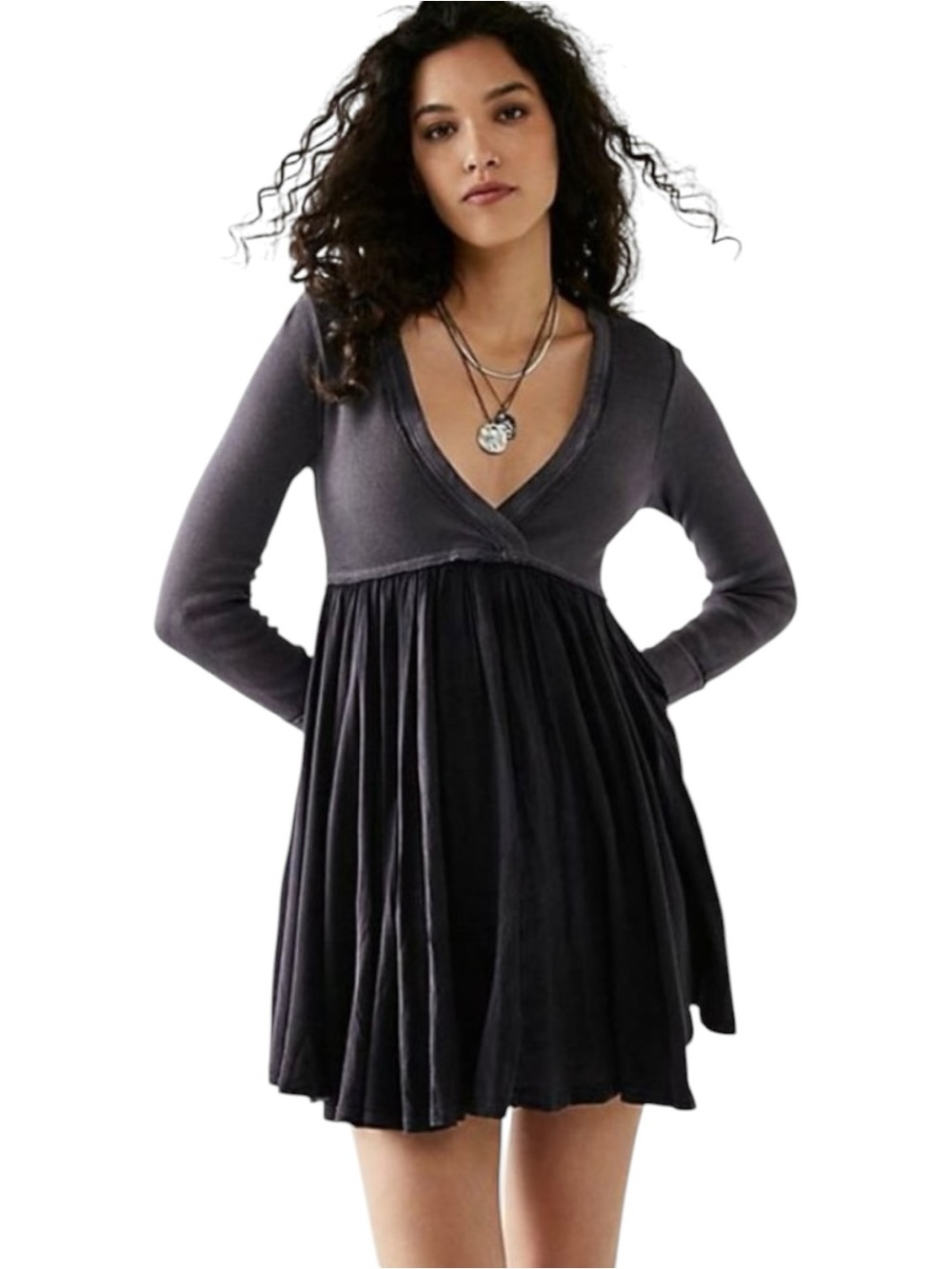 Free People Millie mini dress Plunge V Neck Long Sleeve babydoll Women’s size M